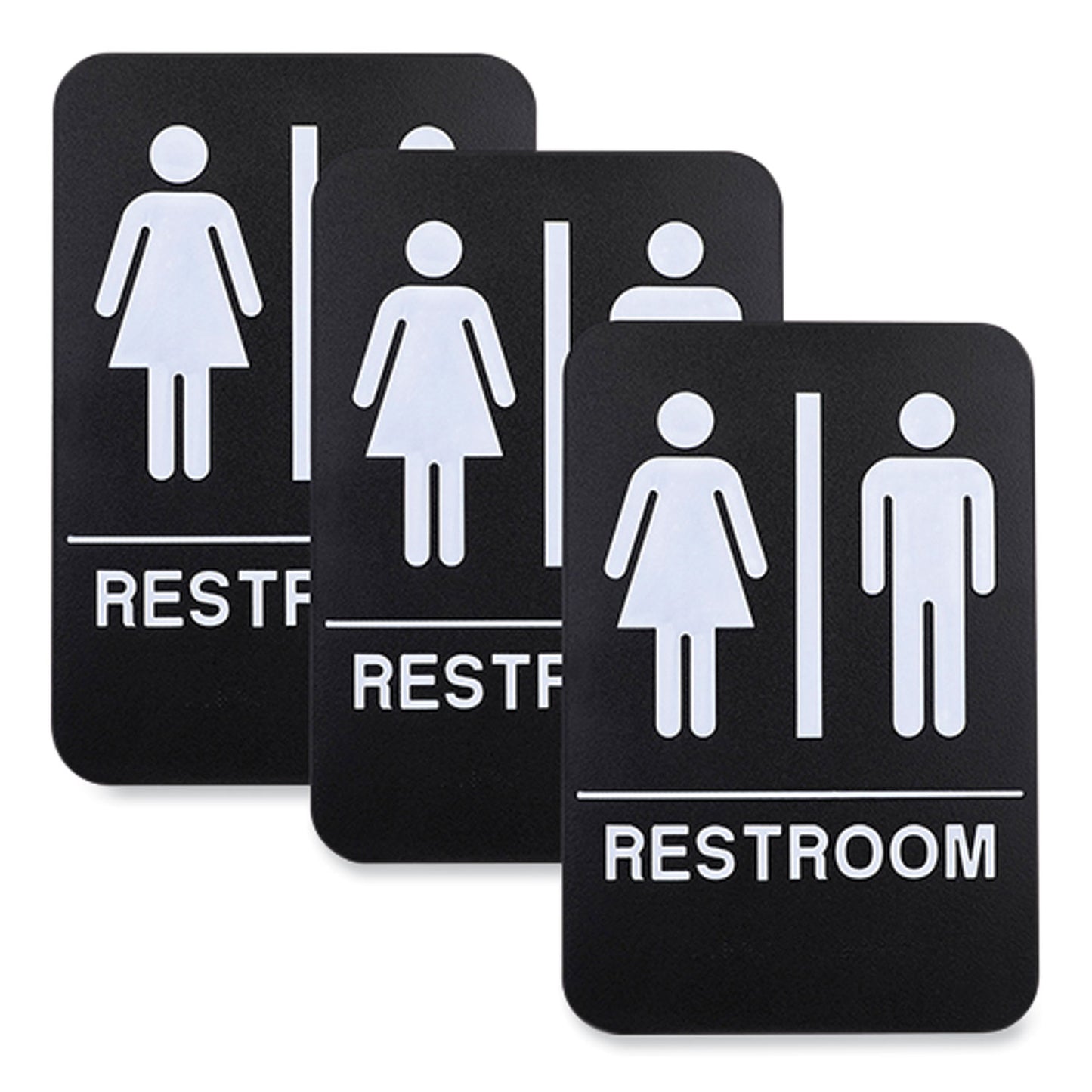 Indoor/Outdoor Restroom with Braille Text, 6 x 9, Black Face, White Graphics, 3/Pack