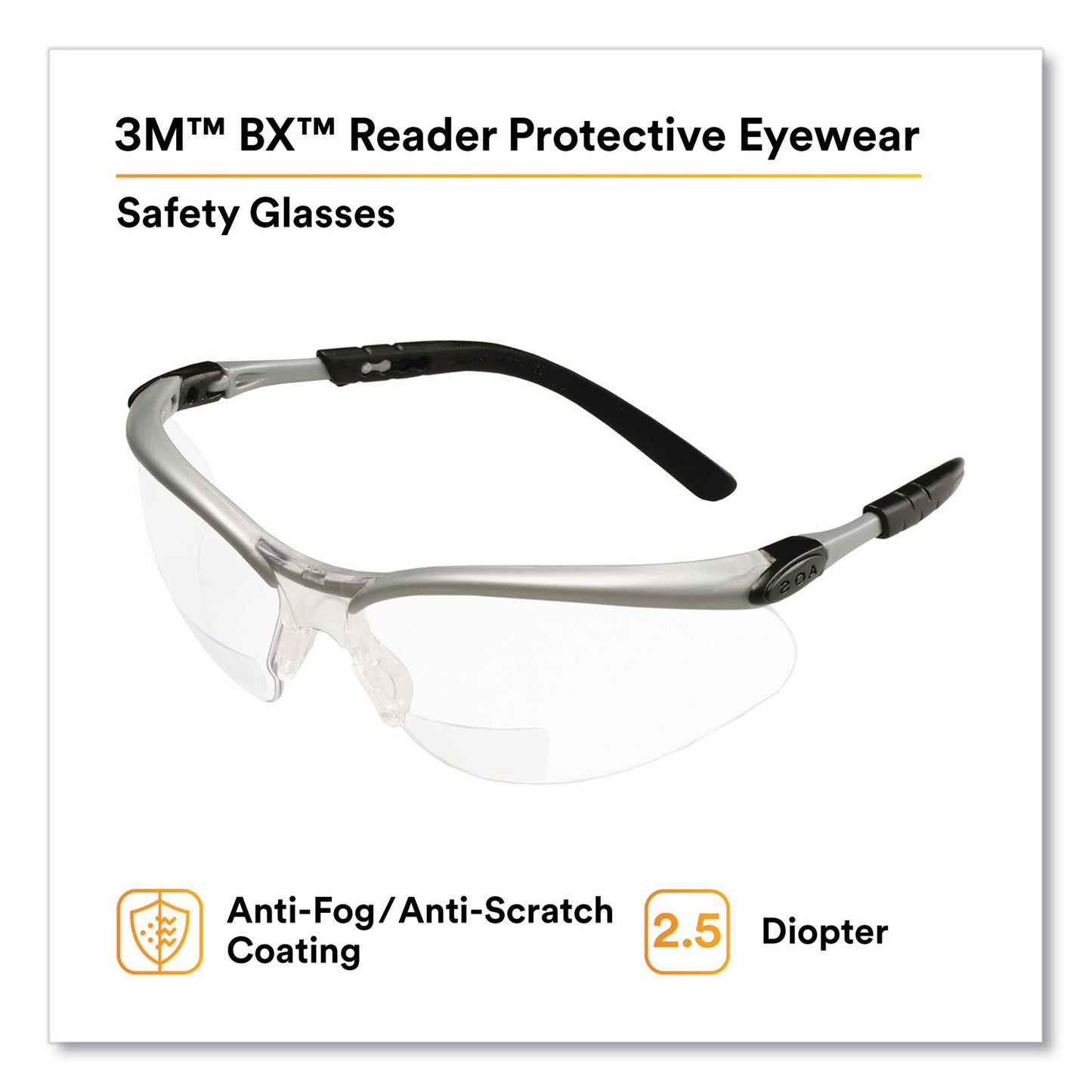 BX Molded-In Diopter Safety Glasses, 2.5+ Diopter, Silver/Black Half Frame, Clear Dual Lens