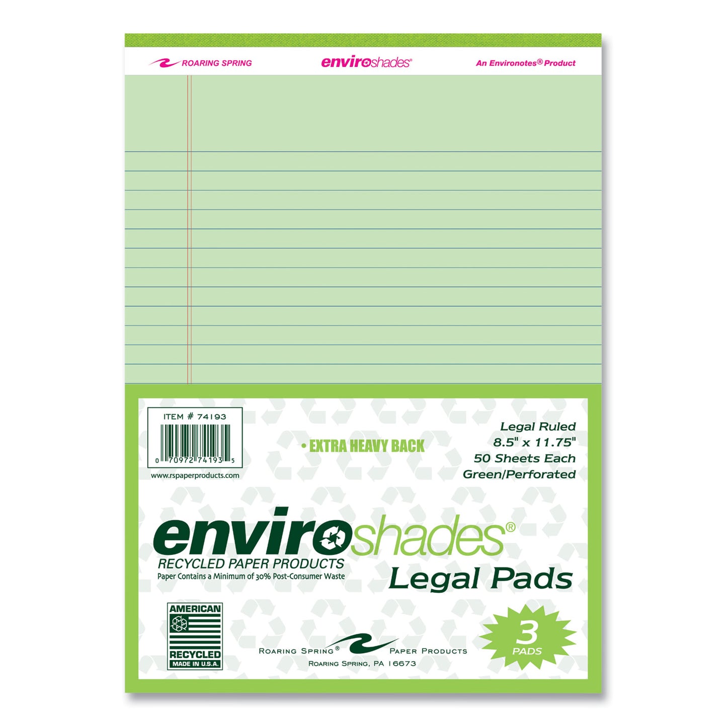 EnviroShades Legal Notepads, Wide/Legal Rule, (50) Green 8.5 x 11 Sheets, 72/Carton