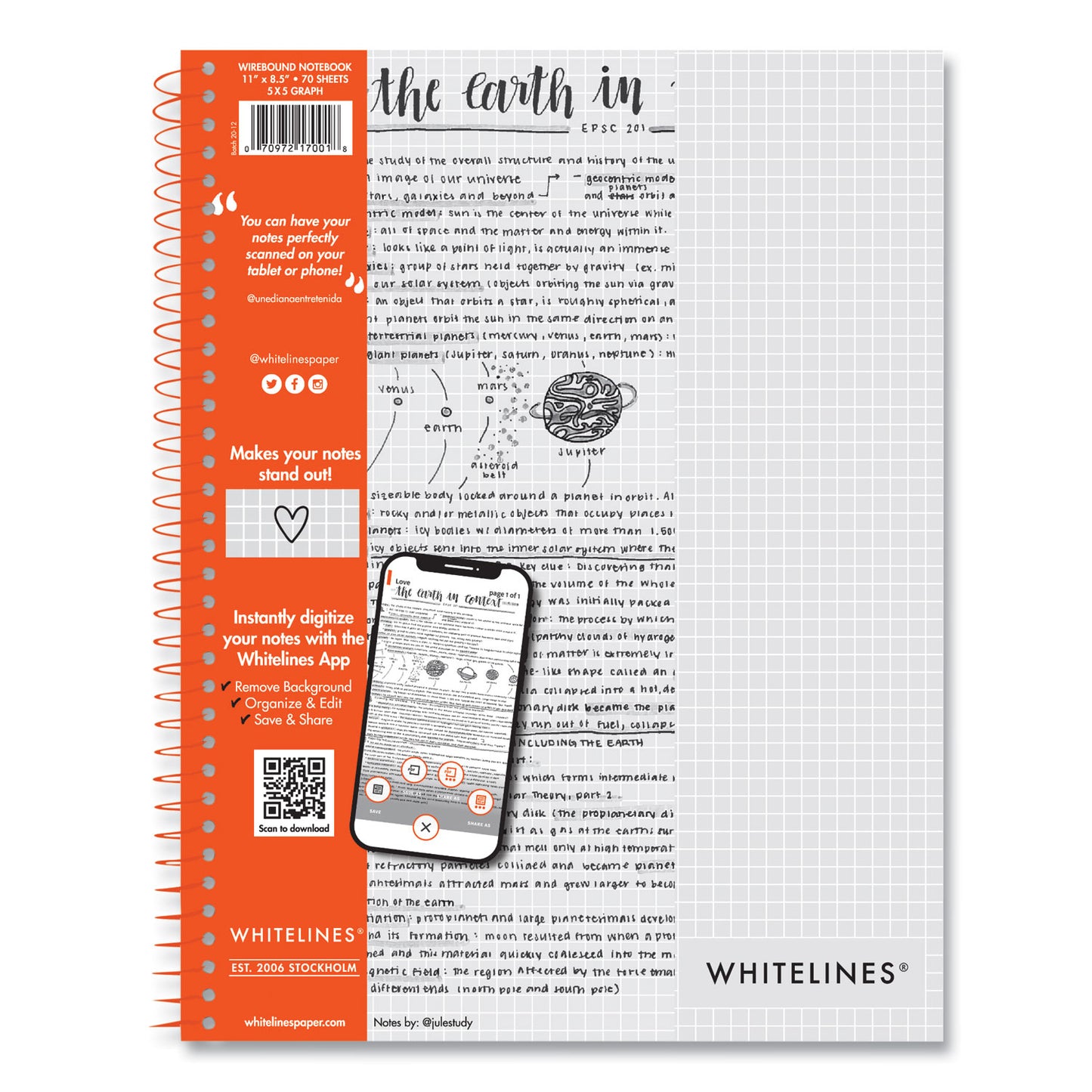 Whitelines Notebook, Quadrille Rule (5 sq/in), Gray/Orange Cover, (70) 11 x 8.5 Sheets, 12/Carton