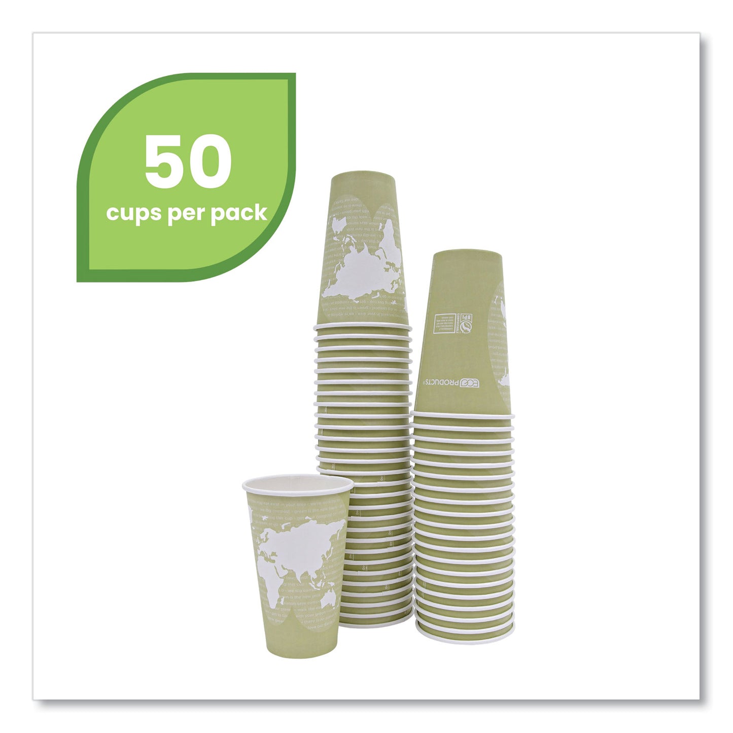 World Art Renewable and Compostable Hot Cups, 16 oz, Paper, Moss, 50/Pack
