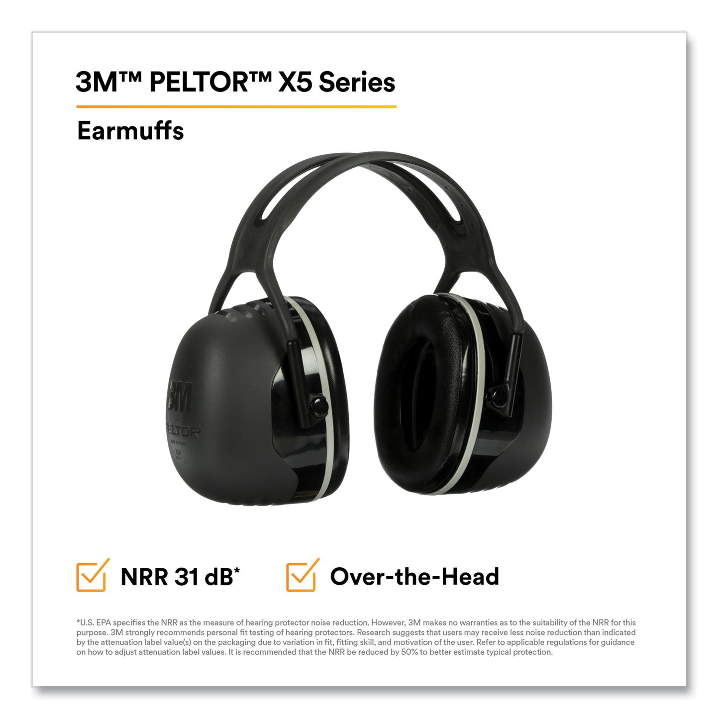 PELTOR X5A Over the Head Earmuffs, Dielectric, 31 dB NRR, Black/White