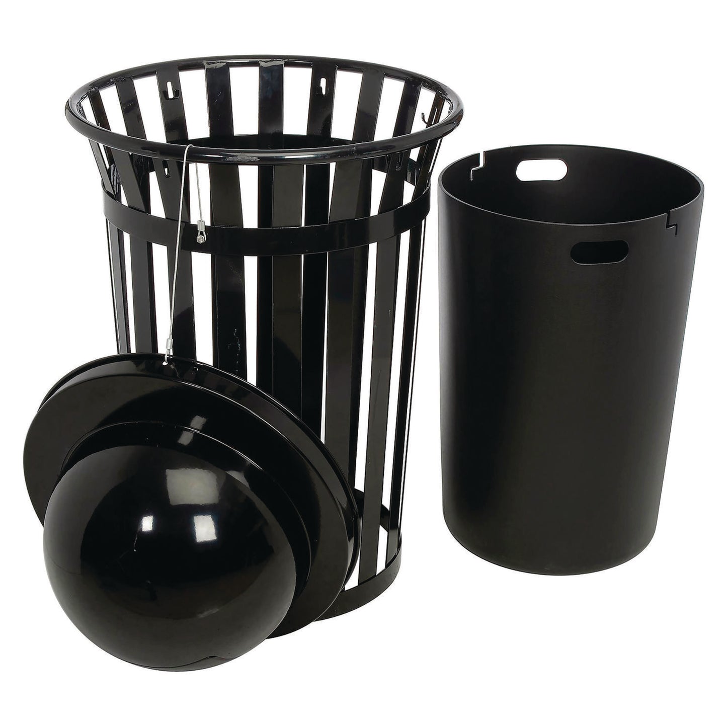 Outdoor Slatted Steel Trash Can, Dome Lid, 36 gal, Black
