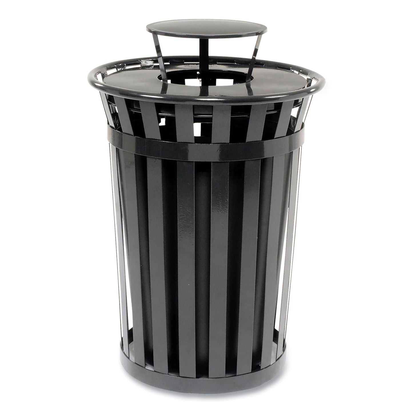 Outdoor Slatted Steel Trash Can, Rain Bonnet Lid, 36 gal, Black