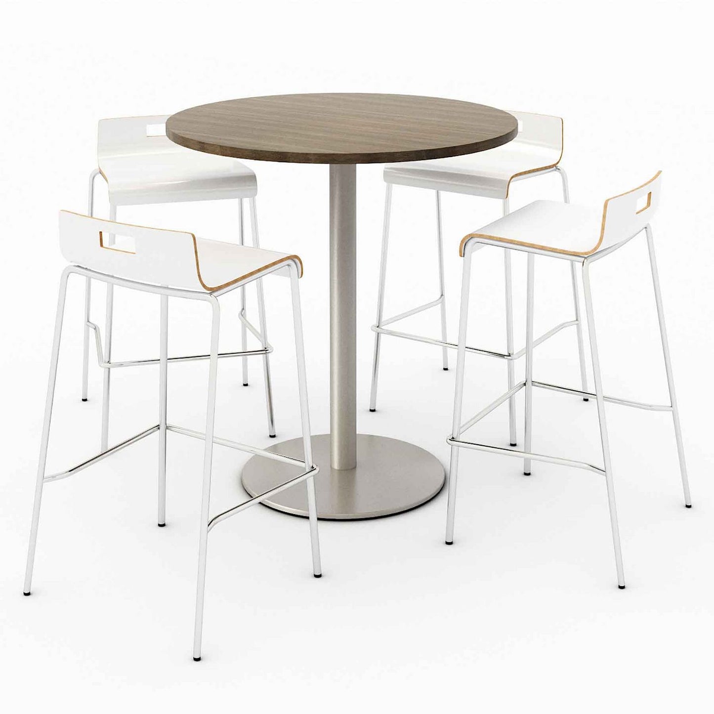 Pedestal Bistro Table with Four White Jive Series Barstools, Round, 36" Dia x 41h, Studio Teak