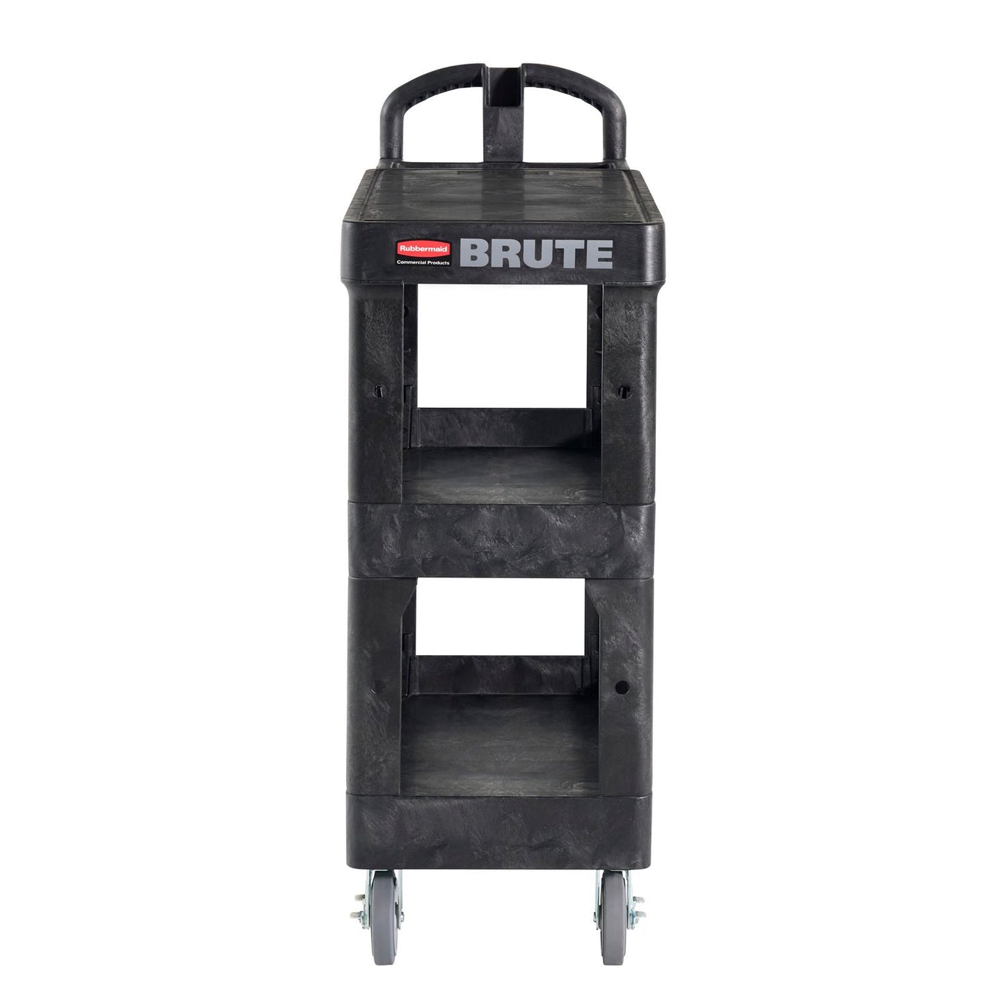 BRUTE 3-Shelf Heavy-Duty Ergo Flat Utility Cart, Plastic, 3 Shelves, 600 lb Capacity, 25.24" x 48.63" x 46.18", Black