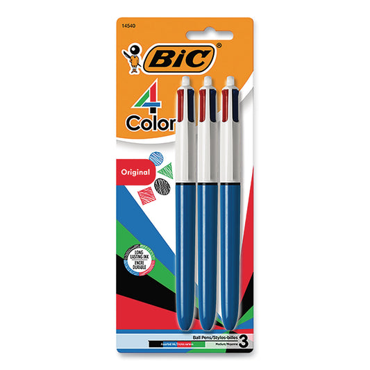 4-Color Ballpoint Pen, Retractable, Medium 1 mm, Black/Blue/Green/Red Ink Colors, Randomly Assorted Barrel Colors, 3/PK