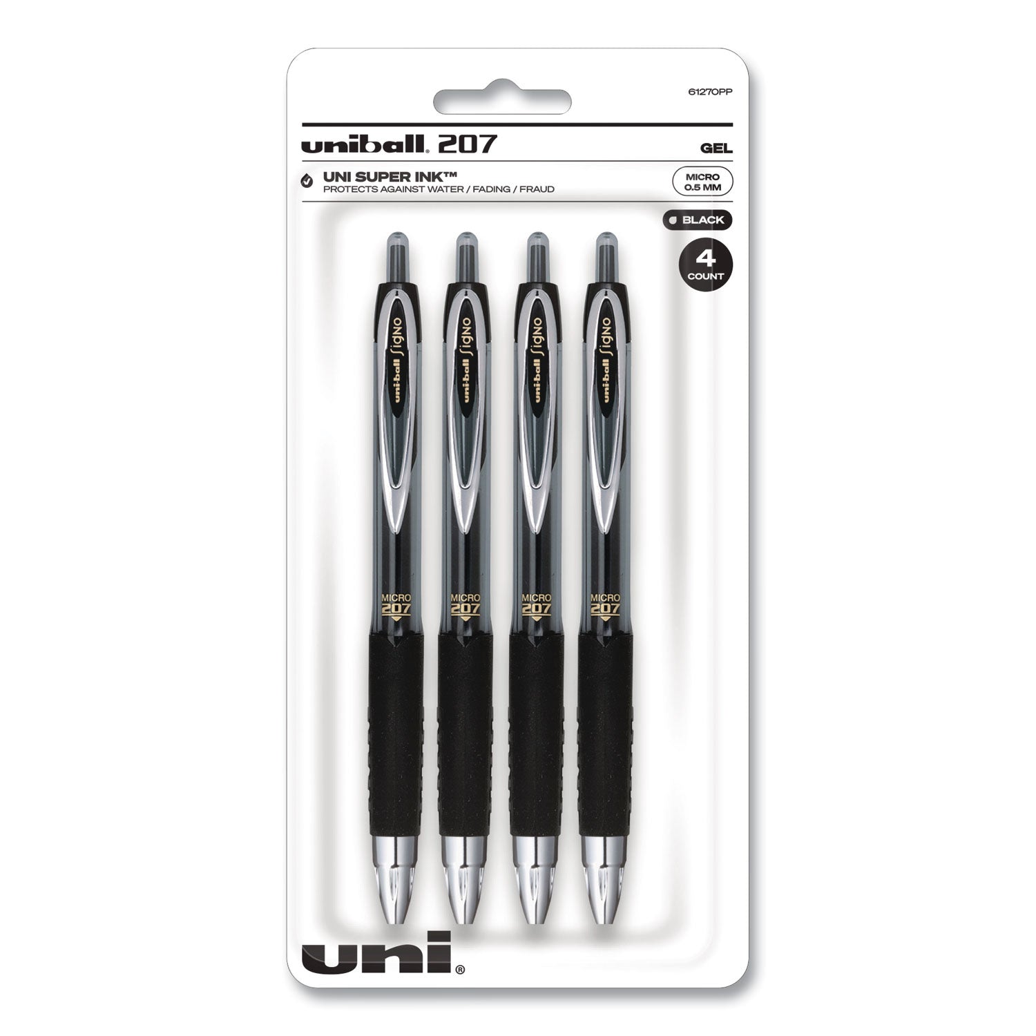 Signo 207 Gel Pen, Retractable, Fine 0.5 mm, Black Ink, Smoke/Black Barrel, 4/Pack
