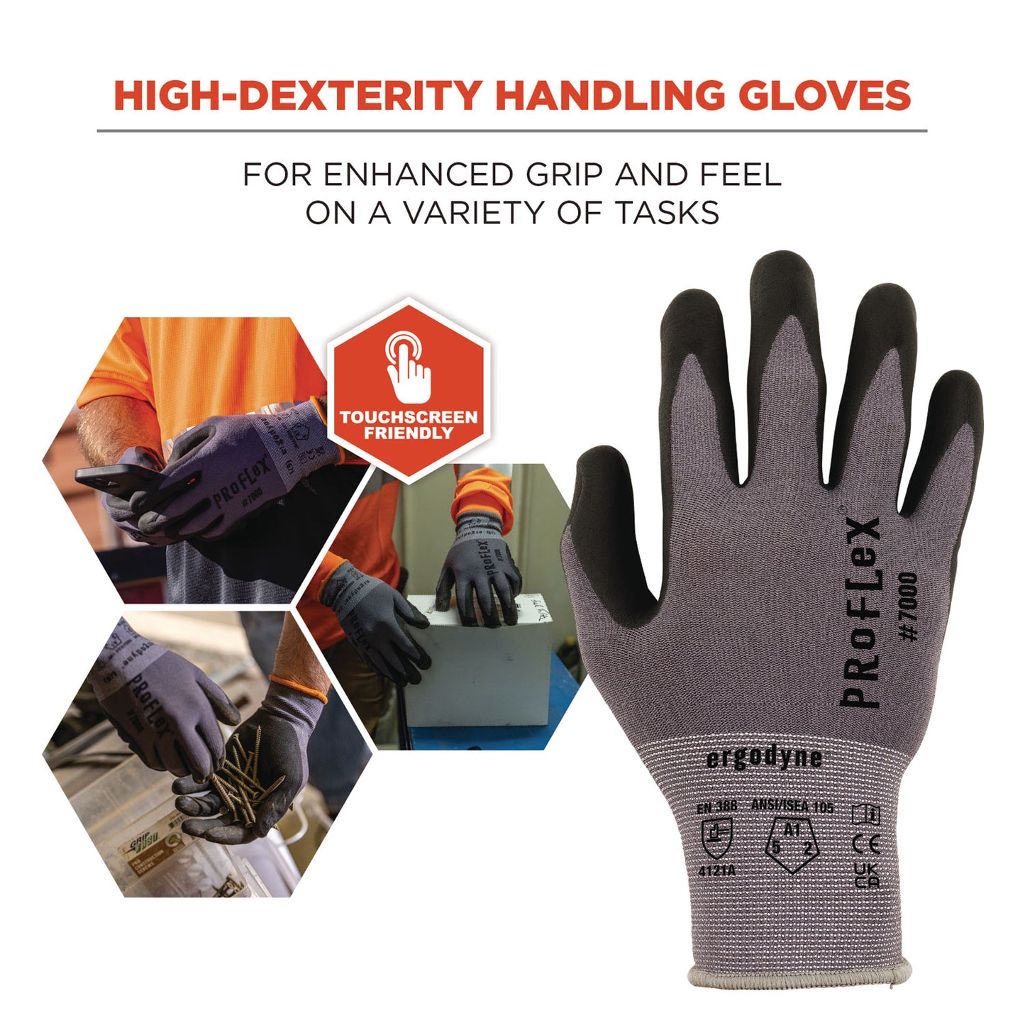 ProFlex 7000 Nitrile-Coated Gloves Microfoam Palm, EN388: 4121A, 9" Long, X-Small, Gray, Pair