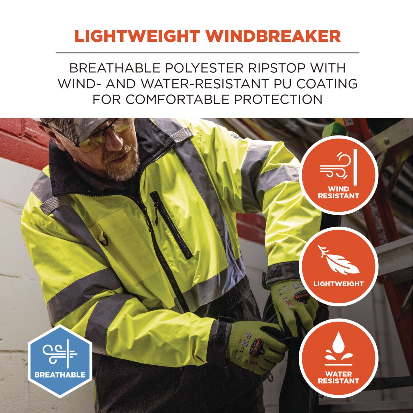 GloWear 8351 Class 3 Hi-Vis Windbreaker Water-Resistant Jacket, Small, Orange