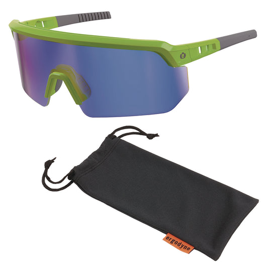 Skullerz AEGIR Anti-Scratch Enhanced Anti-Fog Safety Glasses, Lime Half Frame, Mirrored Blue Single Lens