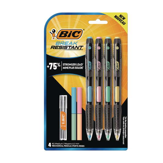 Break-Resistant Mechanical Pencils with Erasers, 0.7 mm, HB (#2), Black Lead, Assorted Barrel Colors, 4/Pack