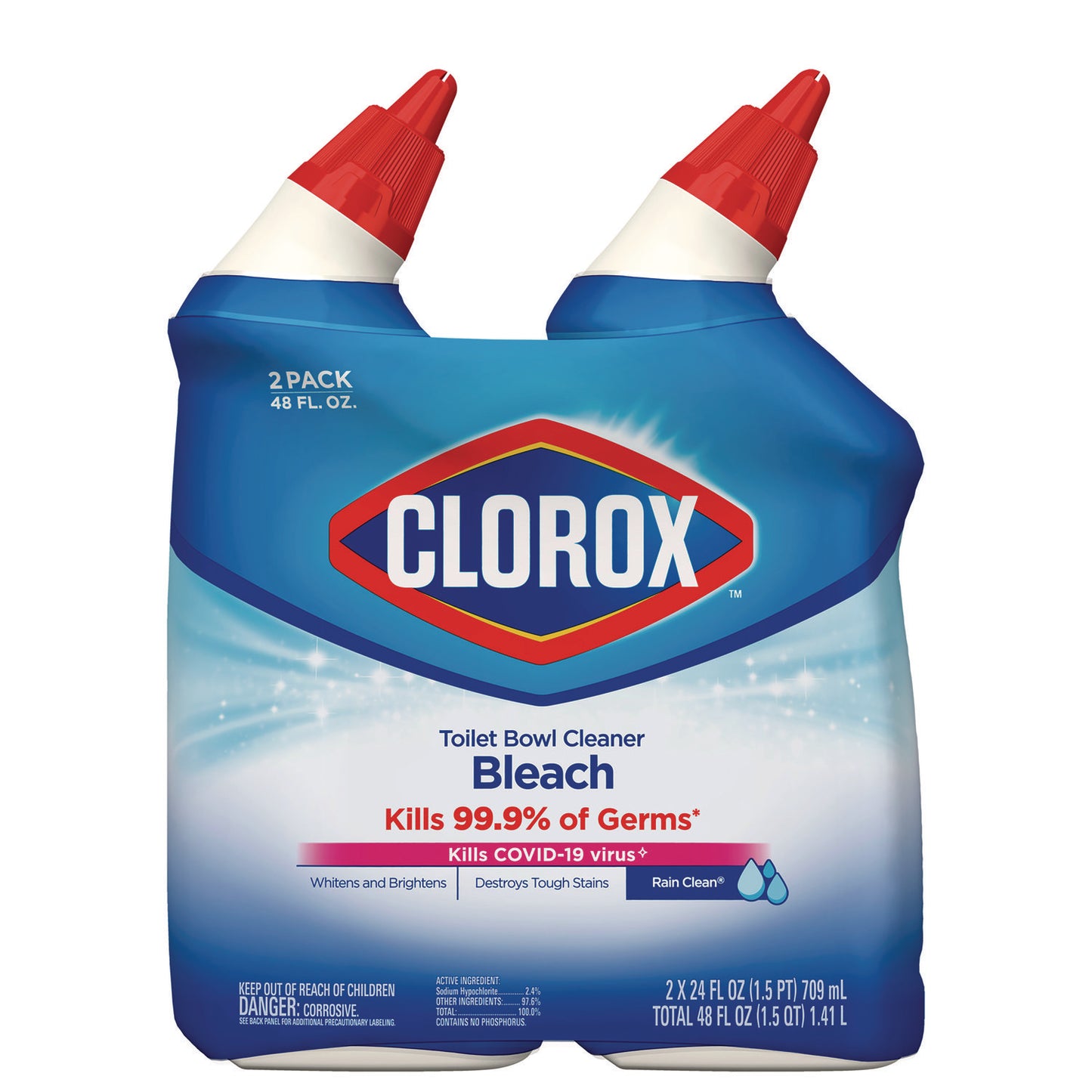 Disinfecting Toilet Bowl Cleaner with Bleach, Rain Clean Scent, 24 oz Bottle, 2/Pack