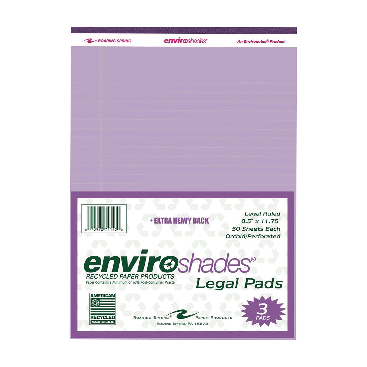 EnviroShades Legal Notepads, Wide/Legal Rule, (50) Orchid 8.5 x 11 Sheets, 3/Pack