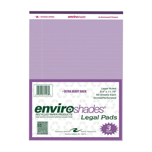 EnviroShades Legal Notepads, Wide/Legal Rule, (50) Orchid 8.5 x 11 Sheets, 3/Pack