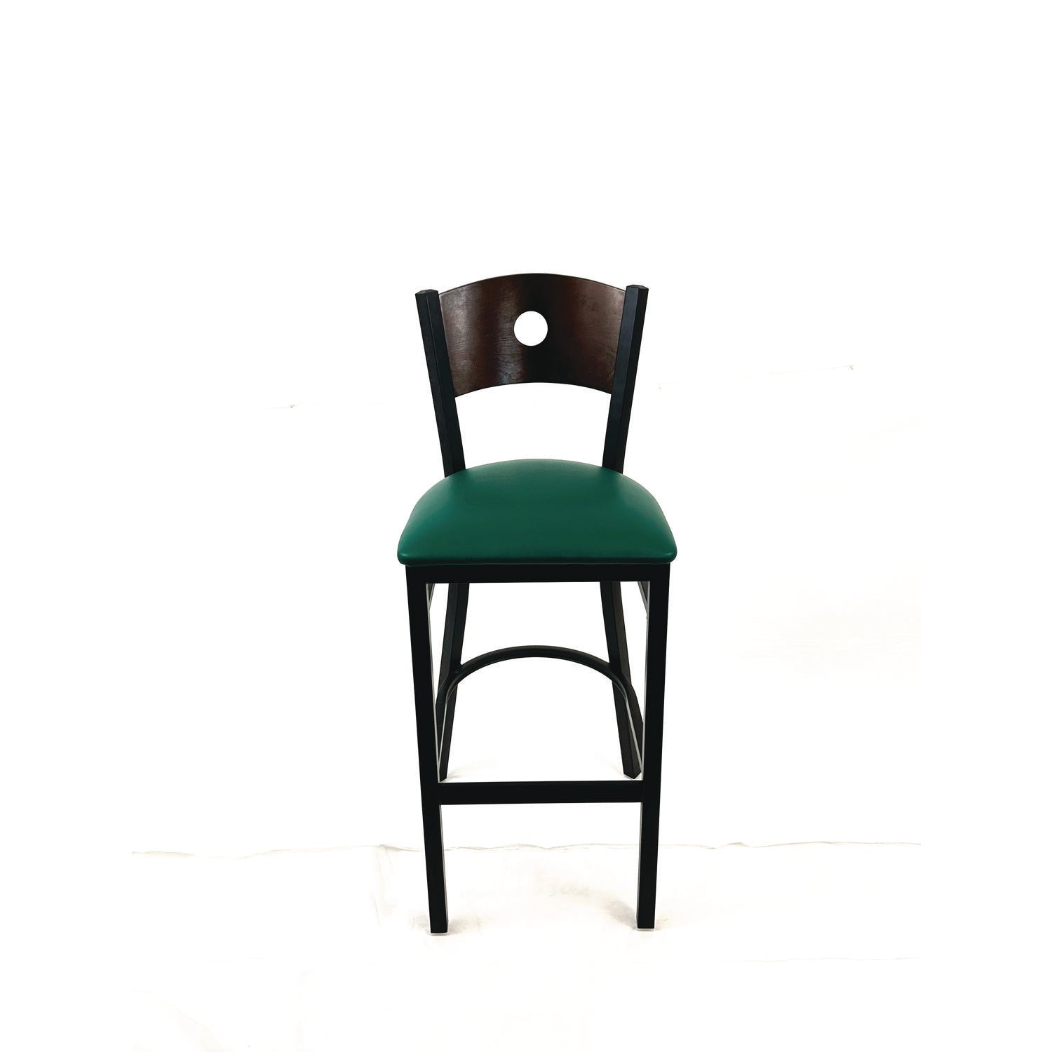 Circle Series Barstool, Supports Up to 300 lb, 28.5" Seat Height, Green Seat, Dark Walnut Back, Black Base