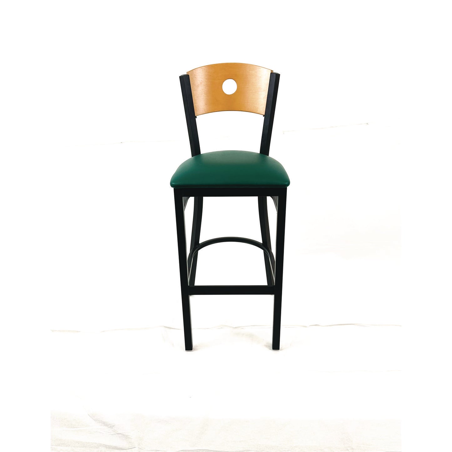 Circle Series Barstool, Supports Up to 300 lb, 28.5" Seat Height, Green Seat, Natural Back, Black Base