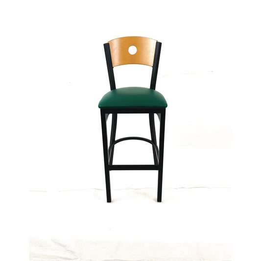 Circle Series Barstool, Supports Up to 300 lb, 28.5" Seat Height, Green Seat, Natural Back, Black Base
