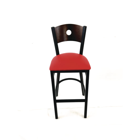 Circle Series Barstool, Supports Up to 300 lb, 28.5" Seat Height, Red Seat, Dark Walnut Back, Black Base