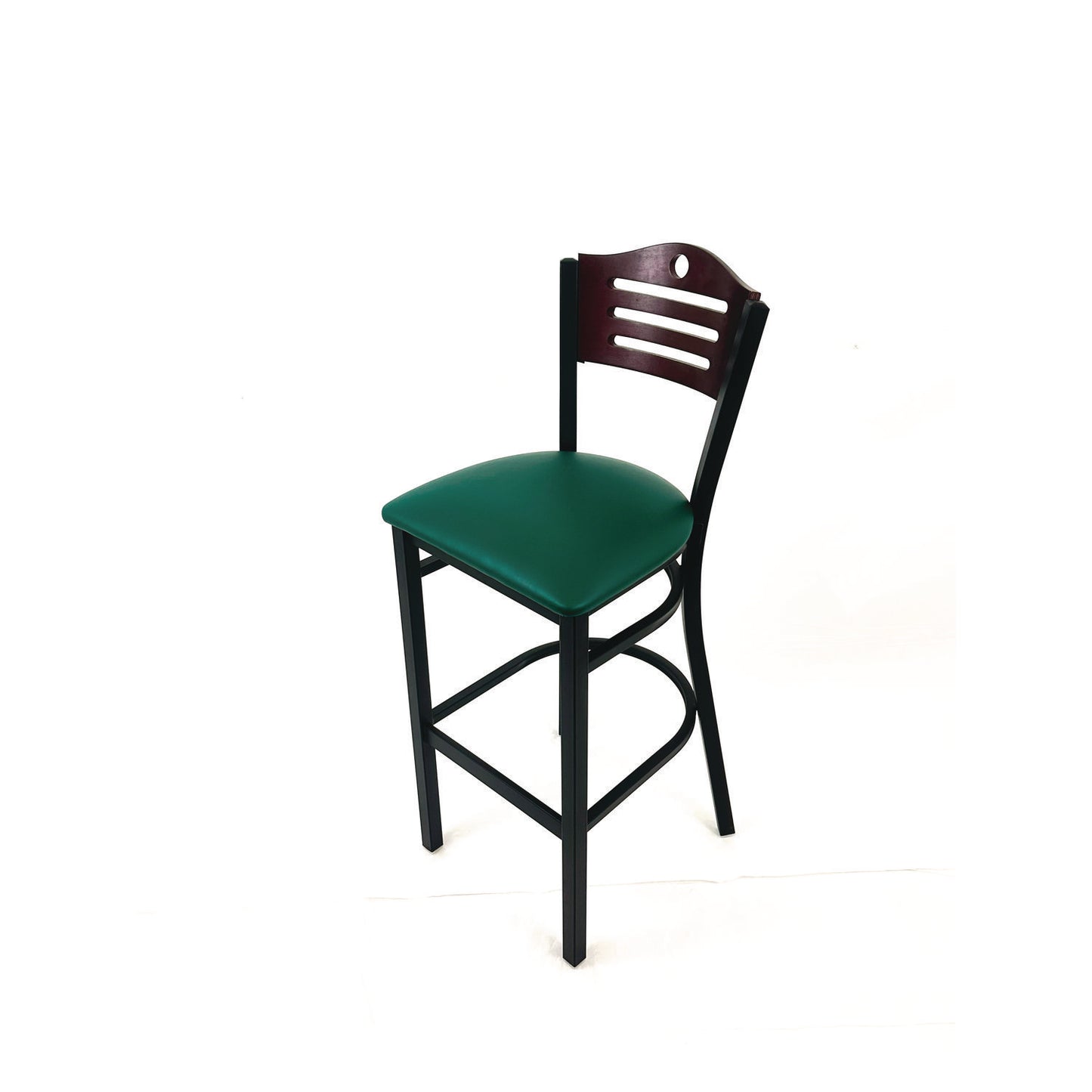 Eagle Series Barstool, Supports Up to 300 lb, 28.5" Seat Height, Green Seat, Dark Mahogany Back, Black Base