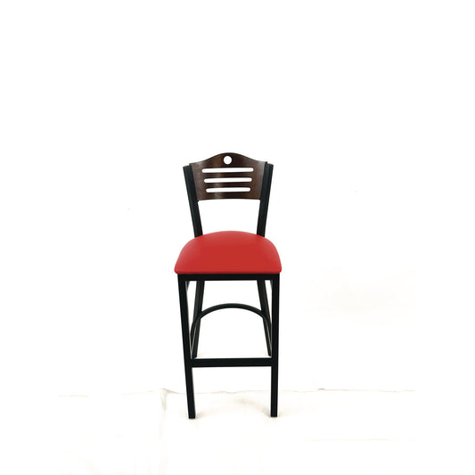Eagle Series Barstool, Supports Up to 300 lb, 28.5" Seat Height, Red Seat, Dark Walnut Back, Black Base