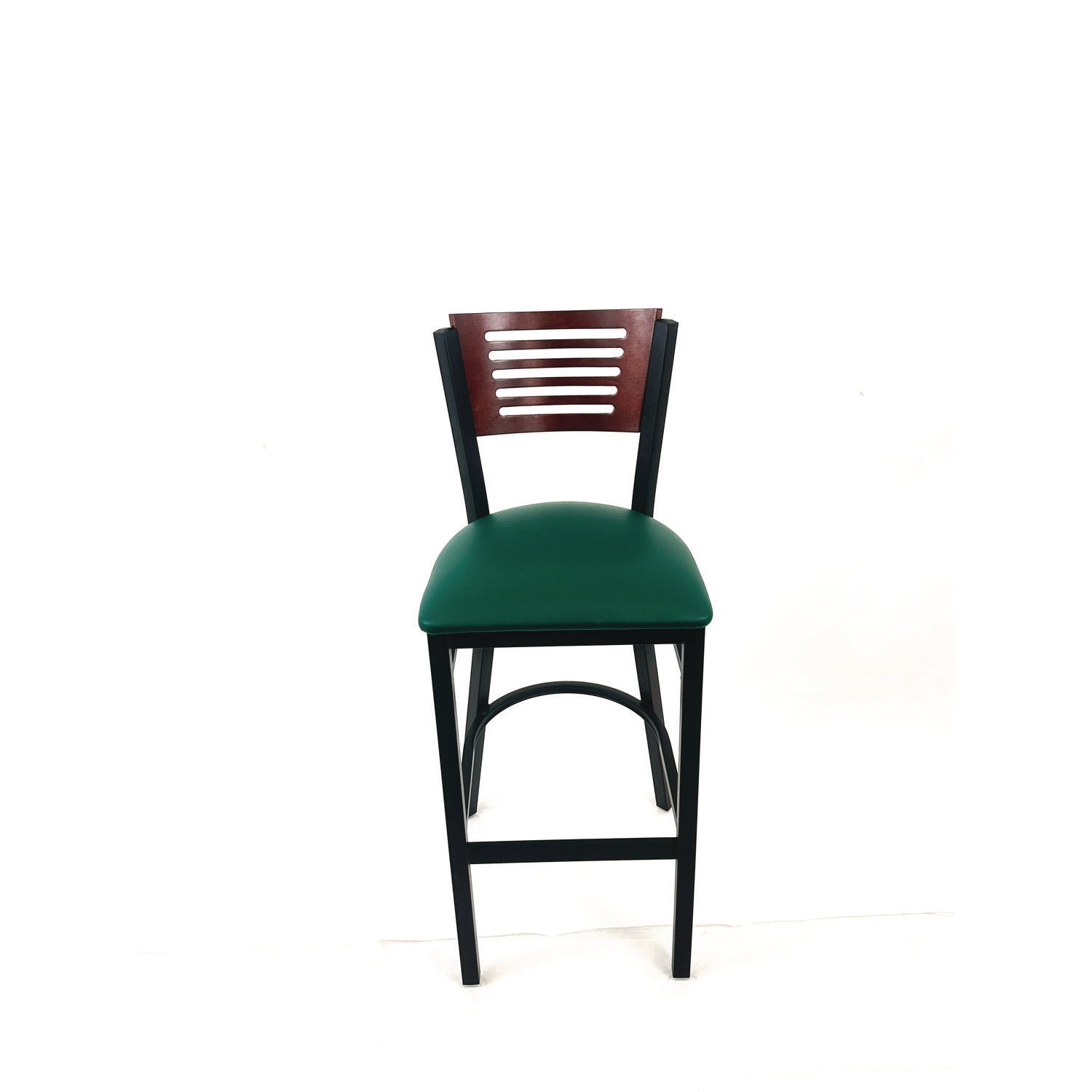 Jones River Series Barstool, Supports Up to 300 lb, 28.5" Seat Height, Green Seat, Dark Mahogany Back, Black Base