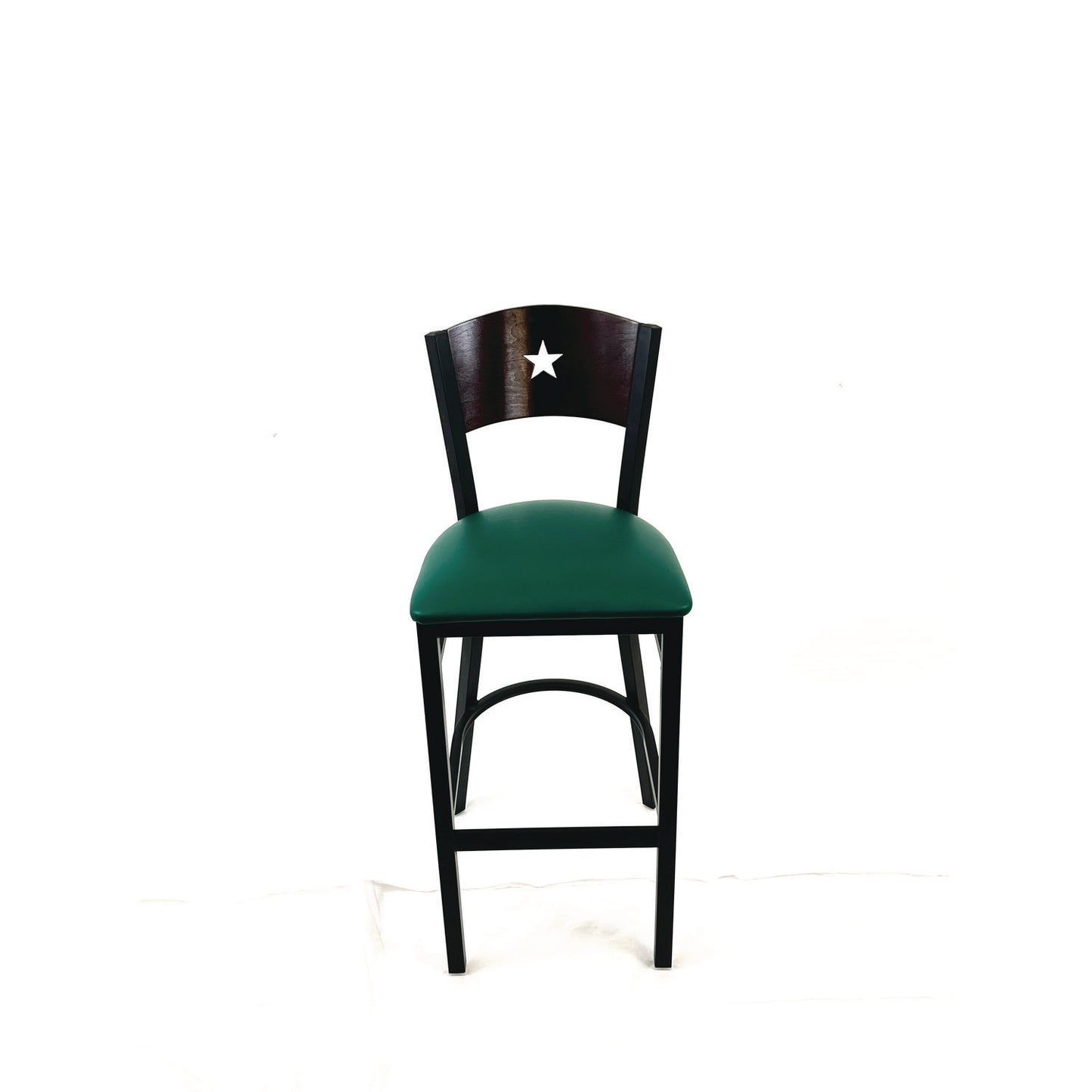 Liberty Series Barstool, Supports Up to 300 lb, 28.5" Seat Height, Green Seat, Dark Mahogany Back, Black Base