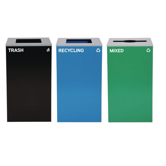 29 Gallon Trash/Recycling Cans, Steel, Blue Recycling and Black Trash Cans w/Square Lid, Green Mixed Recycling Can Mixed Lid