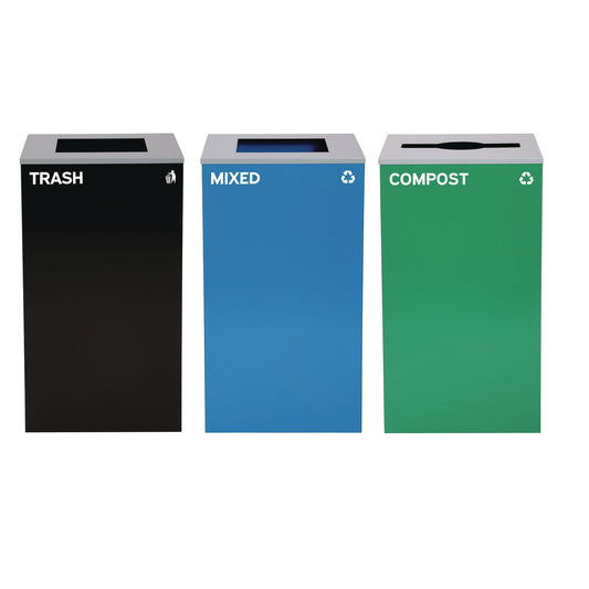 29 Gallon Trash/Recycling Cans, Steel, Blue Mixed Recycling and Black Trash Cans w/Square Lids, Green Compost Can w/Mixed Lid