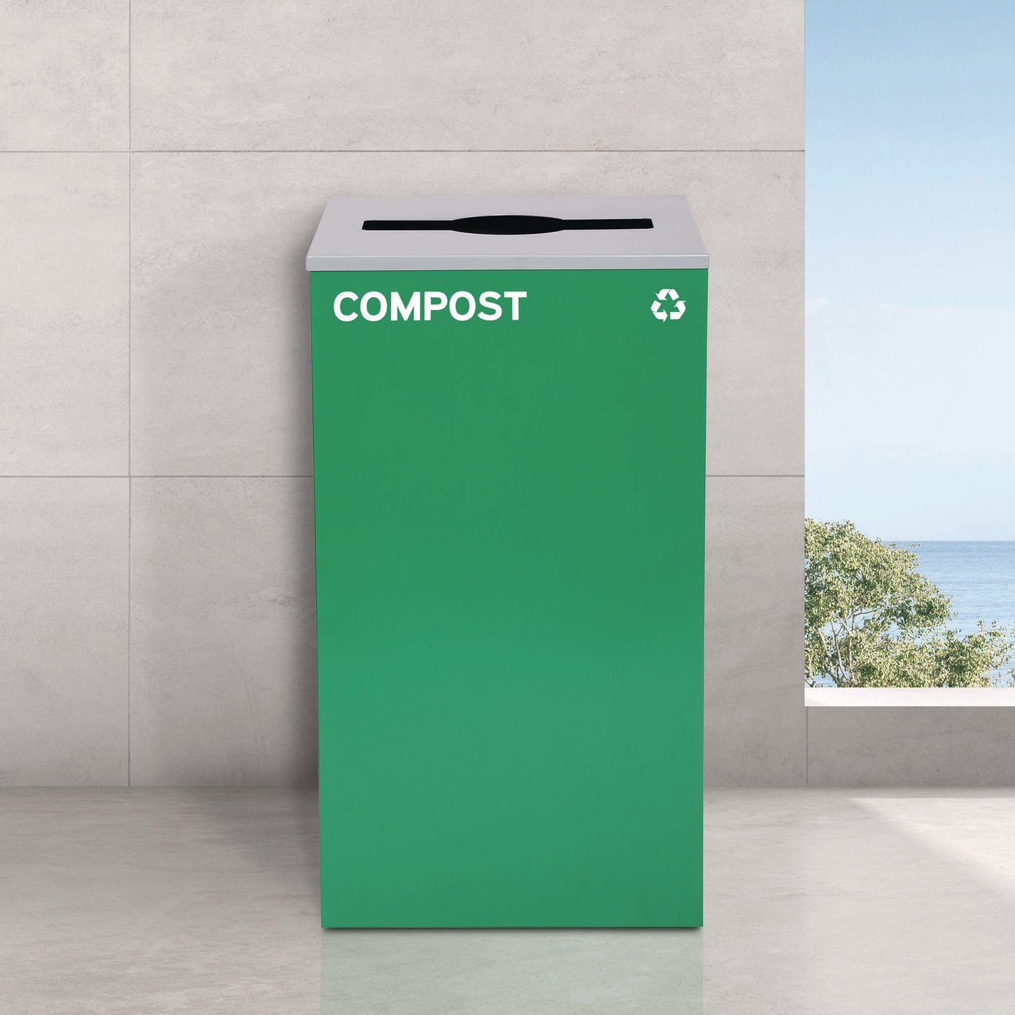29 Gallon Trash/Recycling Cans, Steel, Blue Recycling Can and Green Compost Can w/Mixed Lids, Black Trash Can with Square Lid