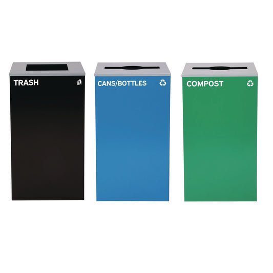 29 Gallon Trash/Recycling Cans, Steel, Blue Cans/Bottles Recycling and Green Compost Can w/Mixed Lid, Black Trash Can Sq Lid