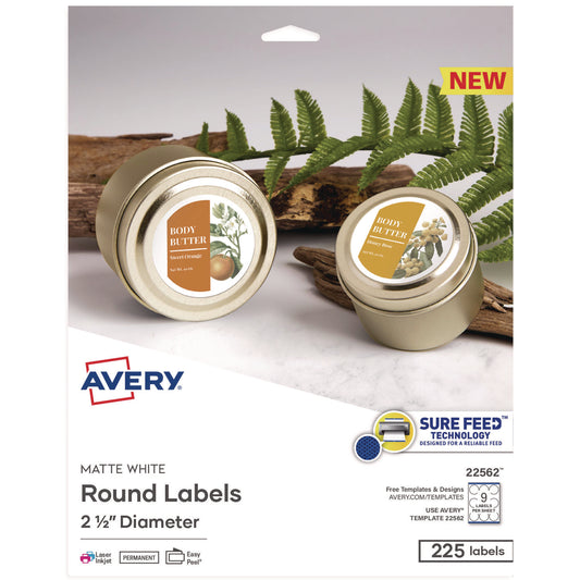 Laser/Inkjet Media Labels, Inkjet/Laser Printers, 2.5" dia, Matte White, 9 Labels/Sheet, 25 Sheets/Pack
