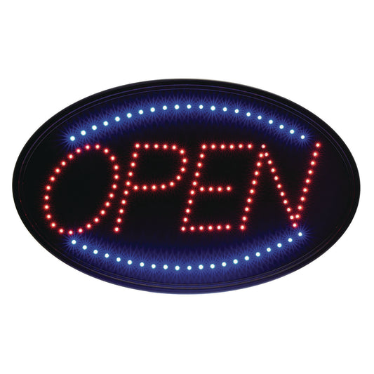 LED Oval Open Sign, 23 x 14, Black Frame, Blue/Red Graphics