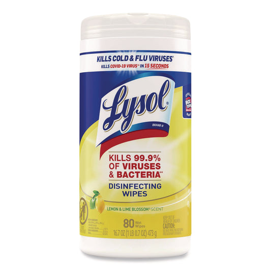 Disinfecting Wipes, 1-Ply, 7 x 7.25, Lemon and Lime Blossom, White, 80 Wipes/Canister