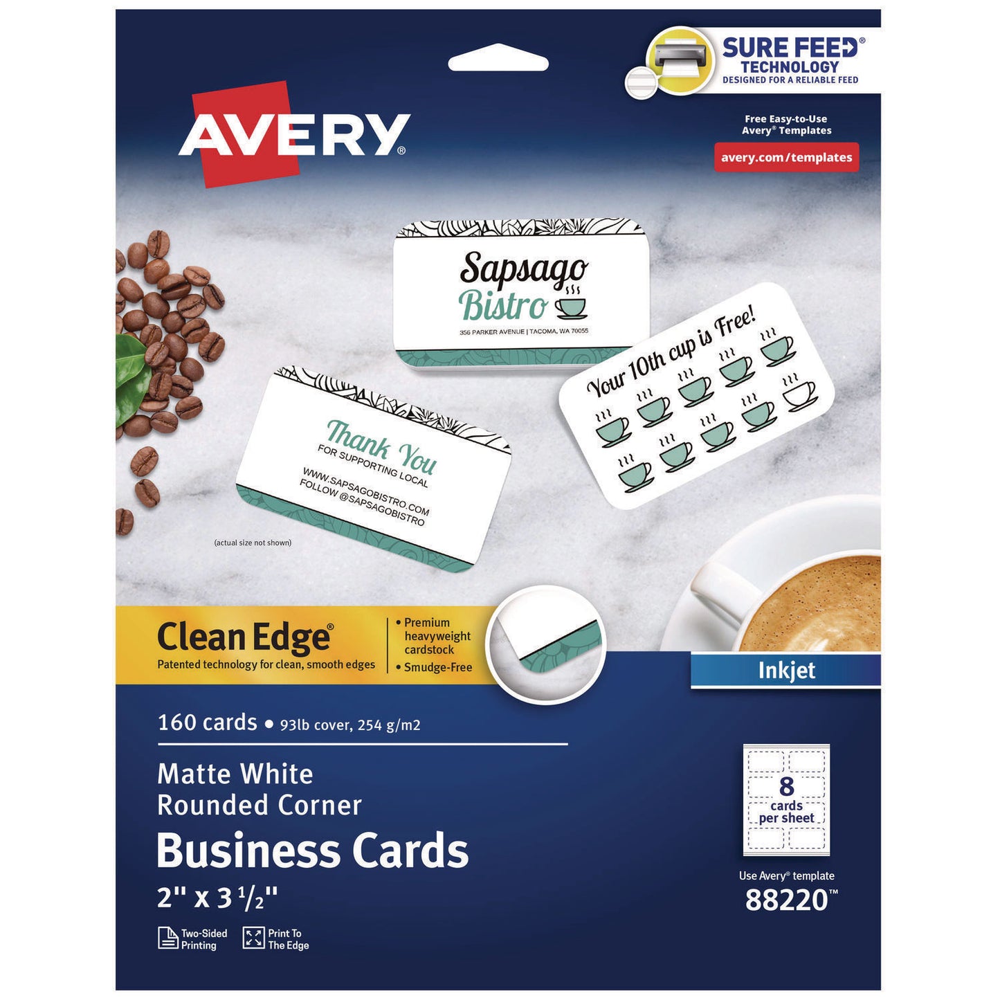 Print-to-the-Edge Business Cards with Rounded Corners, Inkjet, 2 x 3.5, White, 8 Cards/Sheet, 20 Sheets/Pack