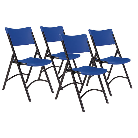 600 Series Heavy Duty Plastic Folding Chair, Supports Up to 500 lb, 18" Seat Height, Blue Seat/Back, Black Base, 4/Carton