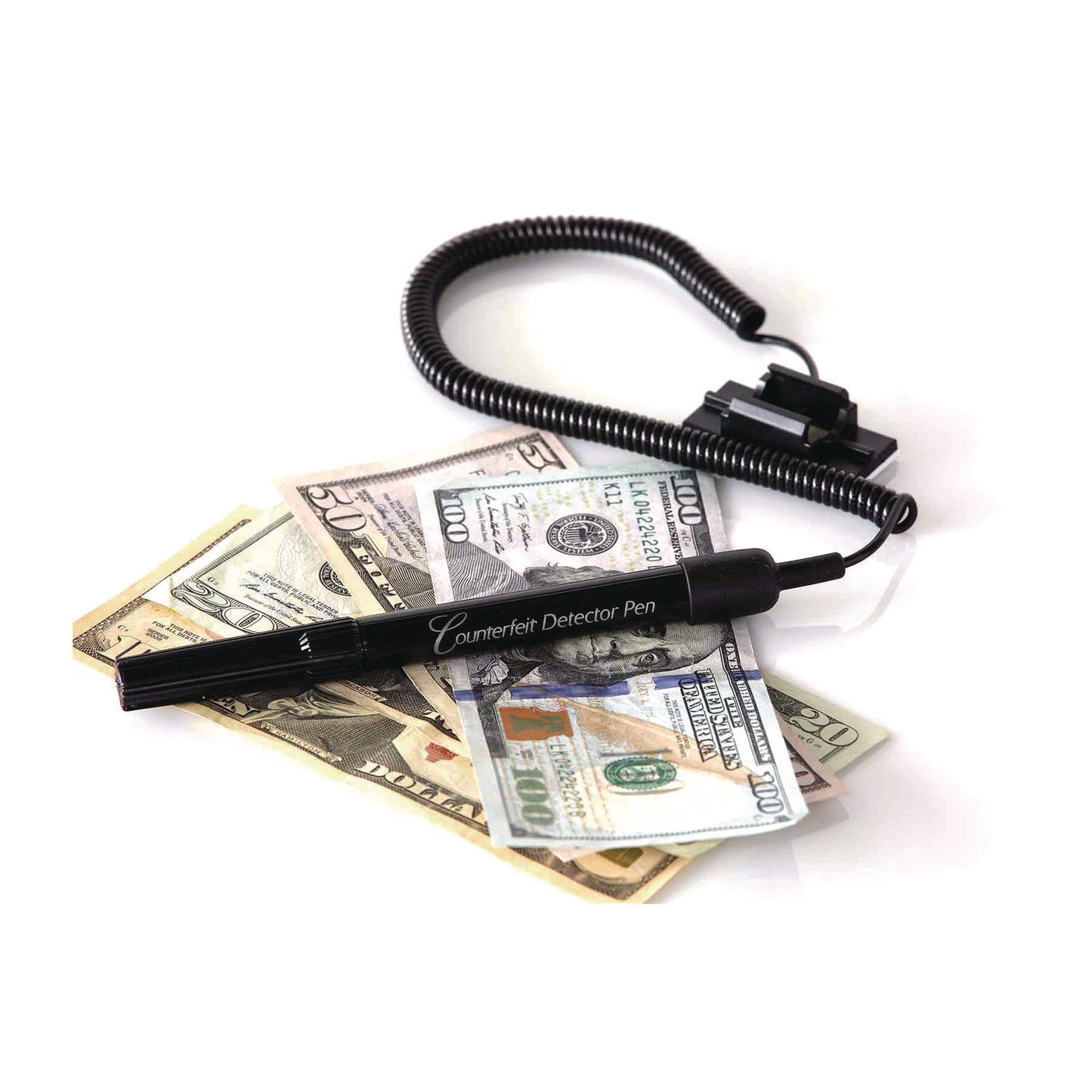 Smart Money Counter Pen for USD,  Includes Coiled Cable and Self-Adhesive Counter Mount, Black