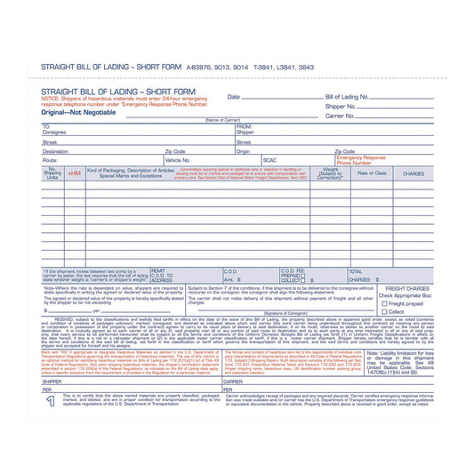 Bill of Lading - Short Form for Up to Ten Articles, Three-Part Carbonless, 8.5 x 6.94, 50 Forms Total