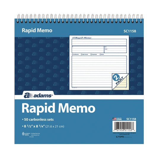 Rapid Memo Pad, Two-Part Carbonless, 8.5 x 7.75, 50 Forms Total