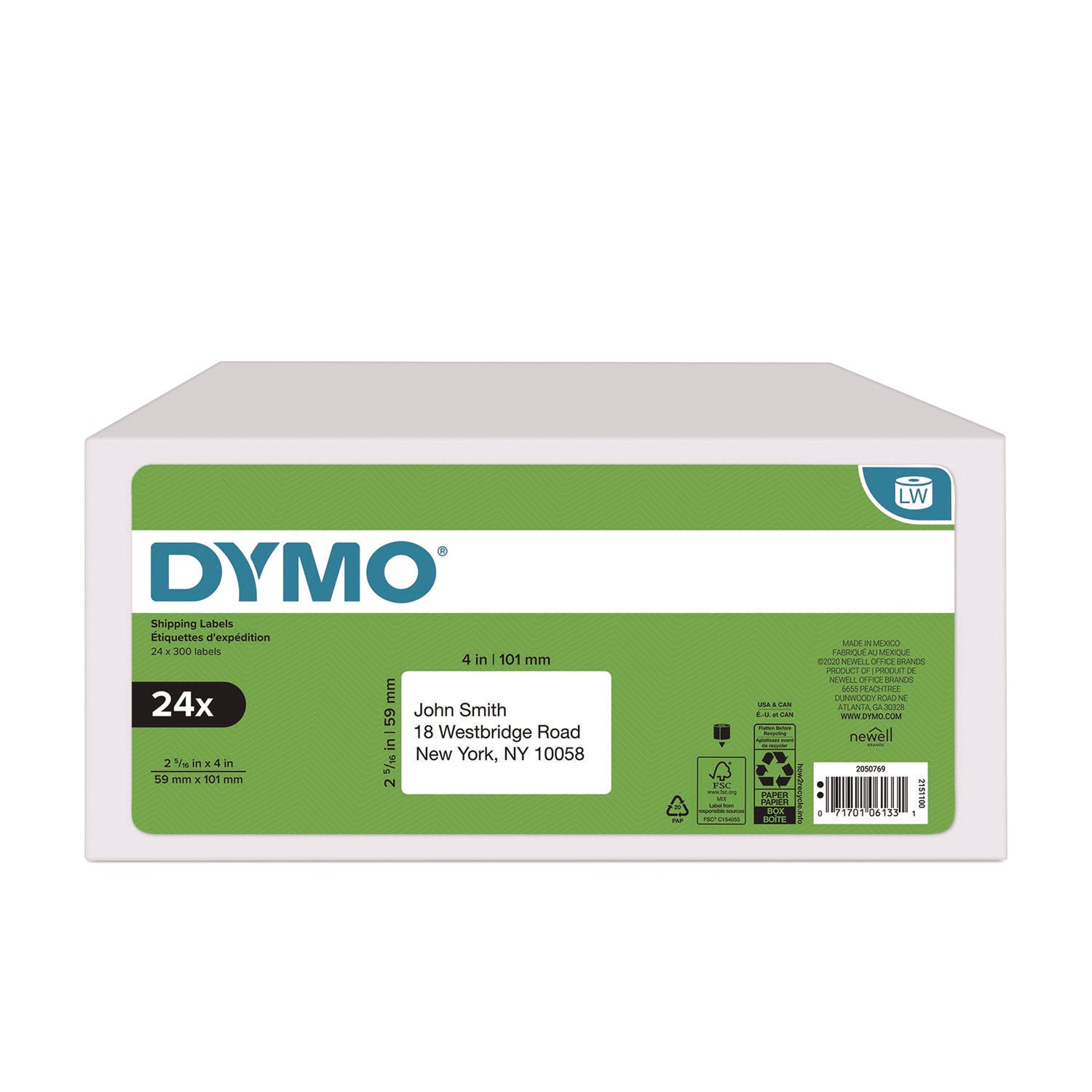 Labels for LabelWriter Label Printer, 2.31" x 4", White, 300 Labels/Roll, 24 Rolls/Pack