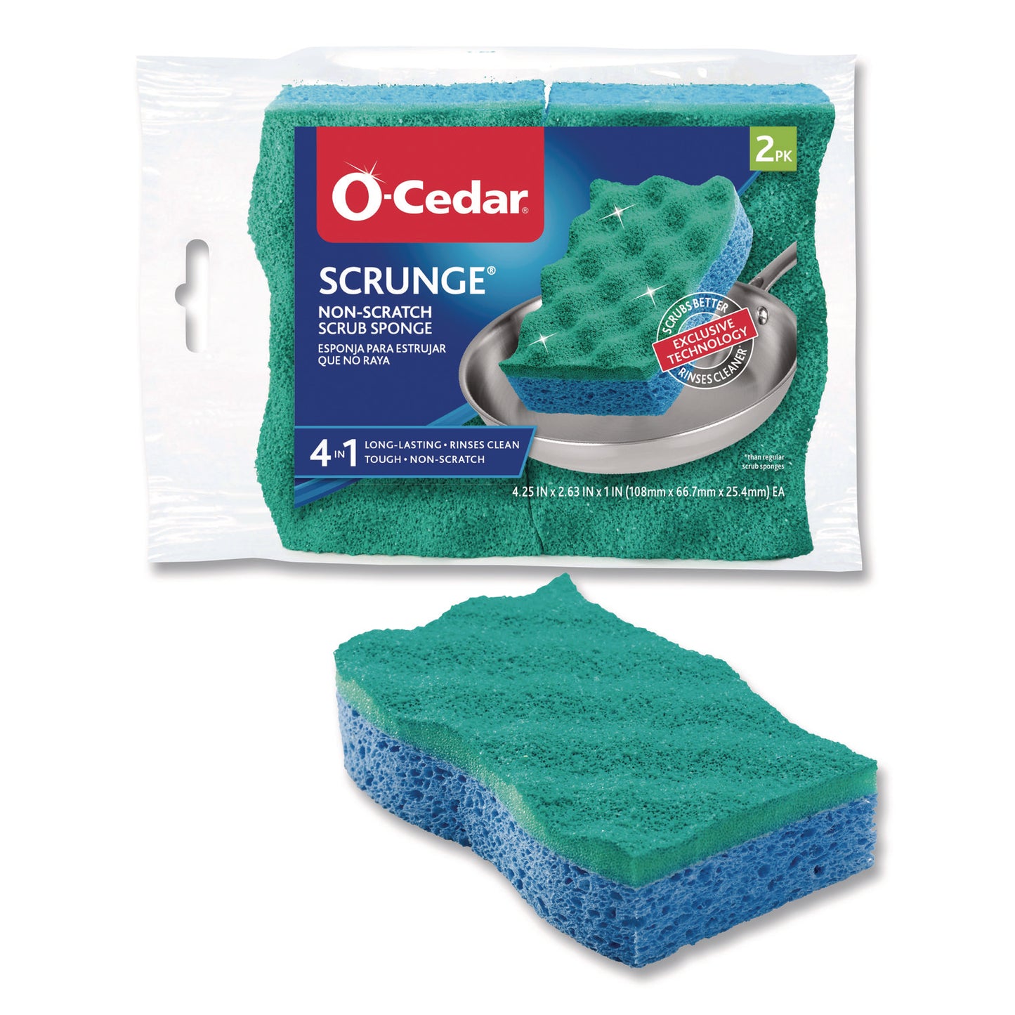 Scrunge Non-Scratch Scrub Sponge, 2.63 x 4.25, 1" Thick, Green/Blue, 2/Pack