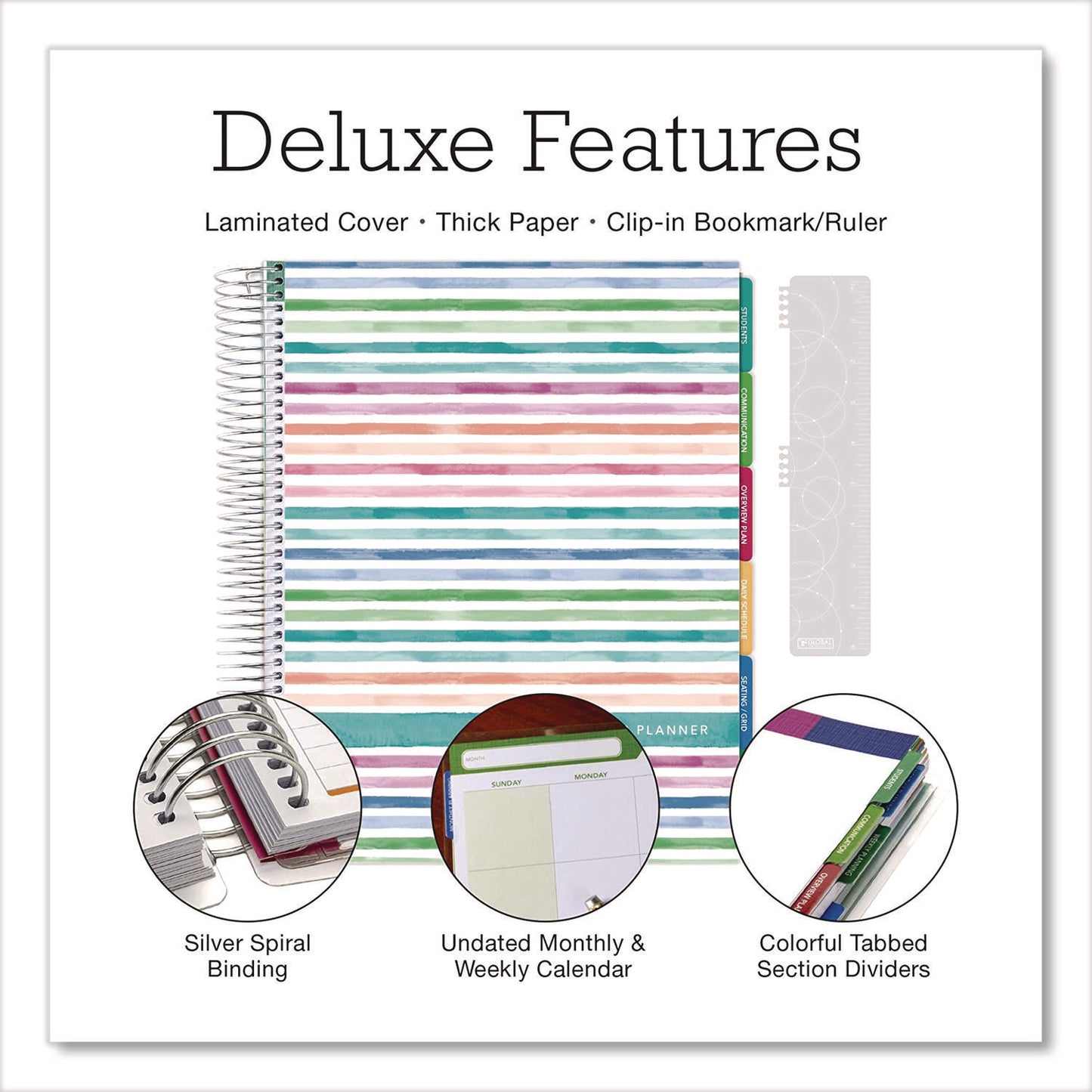 Deluxe Teacher's Academic Weekly/Monthly Planner, 7 Classes, Rainbow Artwork, Multicolor Cover, 11 x 8.5 Sheets, 52-Week Span