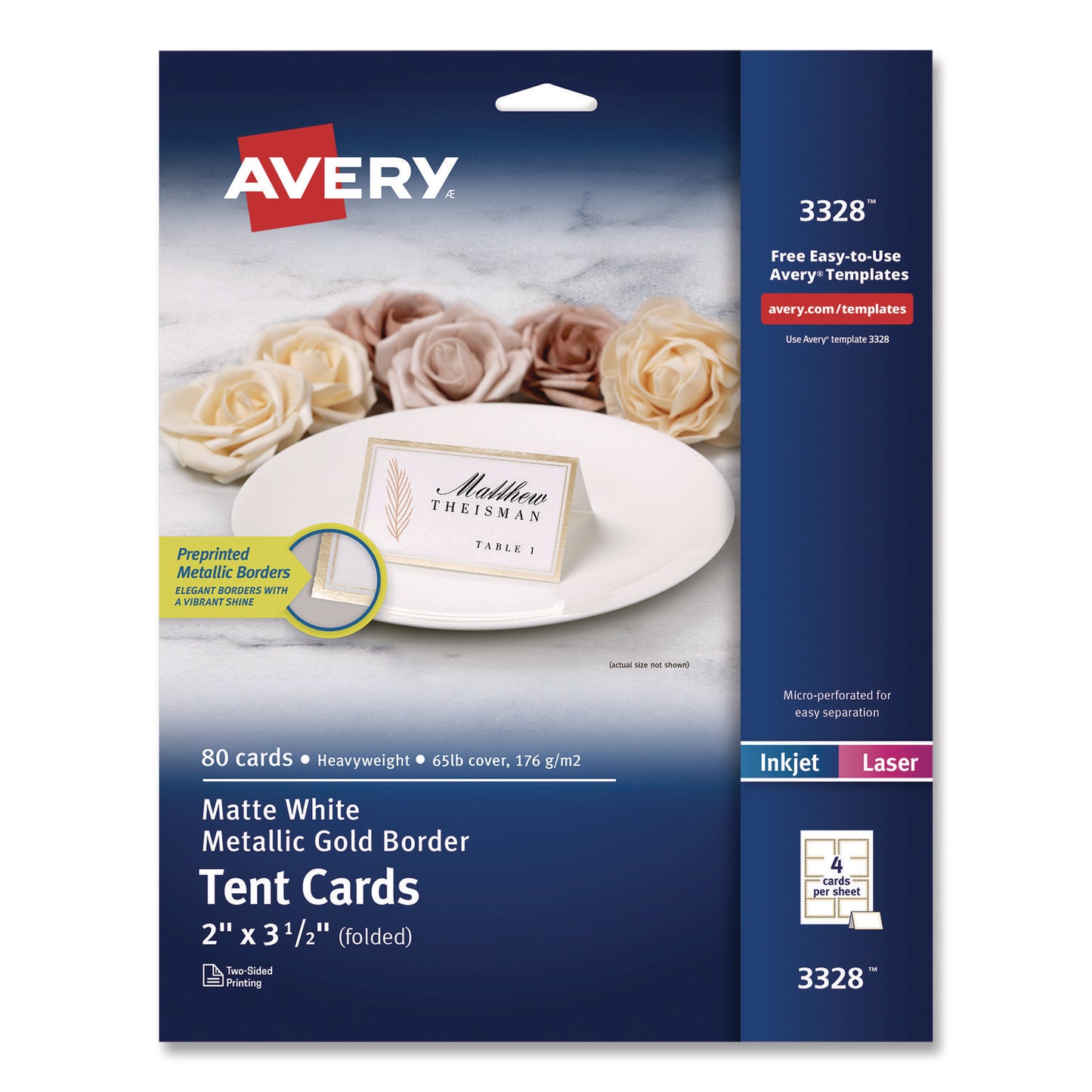 Matte White Metallic Gold Border Tent Cards, 3.5 x 2, 4 Cards/Sheet, 20 Sheets/Pack