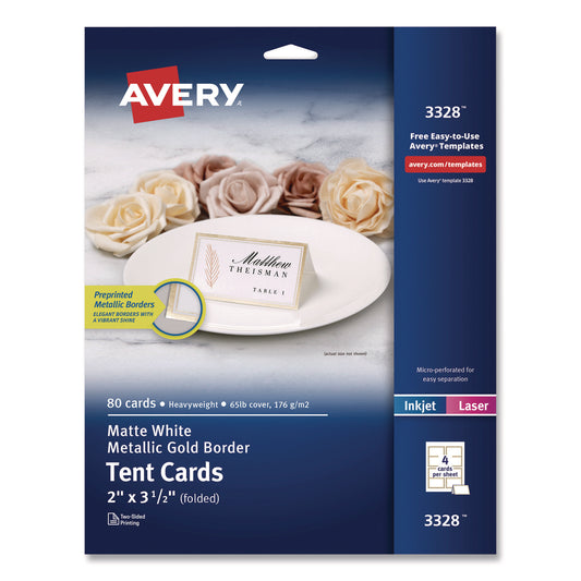 Matte White Metallic Gold Border Tent Cards, 3.5 x 2, 4 Cards/Sheet, 20 Sheets/Pack