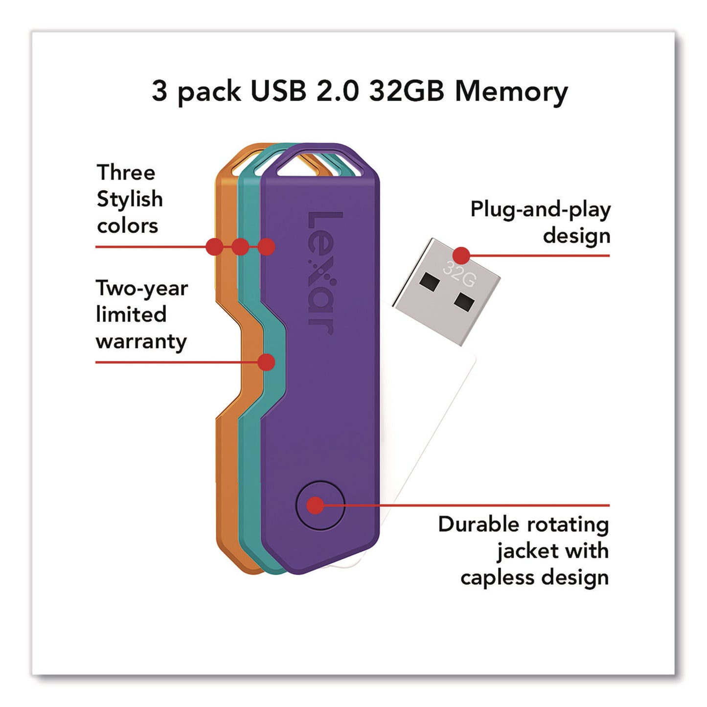 Twist Turn2 USB 2.0 Flash Drive, 32 GB, Orange/Purple/Teal, 3/Pack