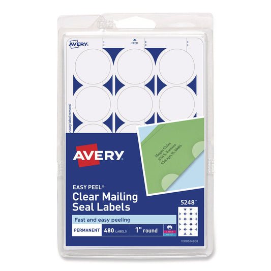 Printable Mailing Seals, 1" dia, Clear, 15/Sheet, 32 Sheets/Pack, (5248)