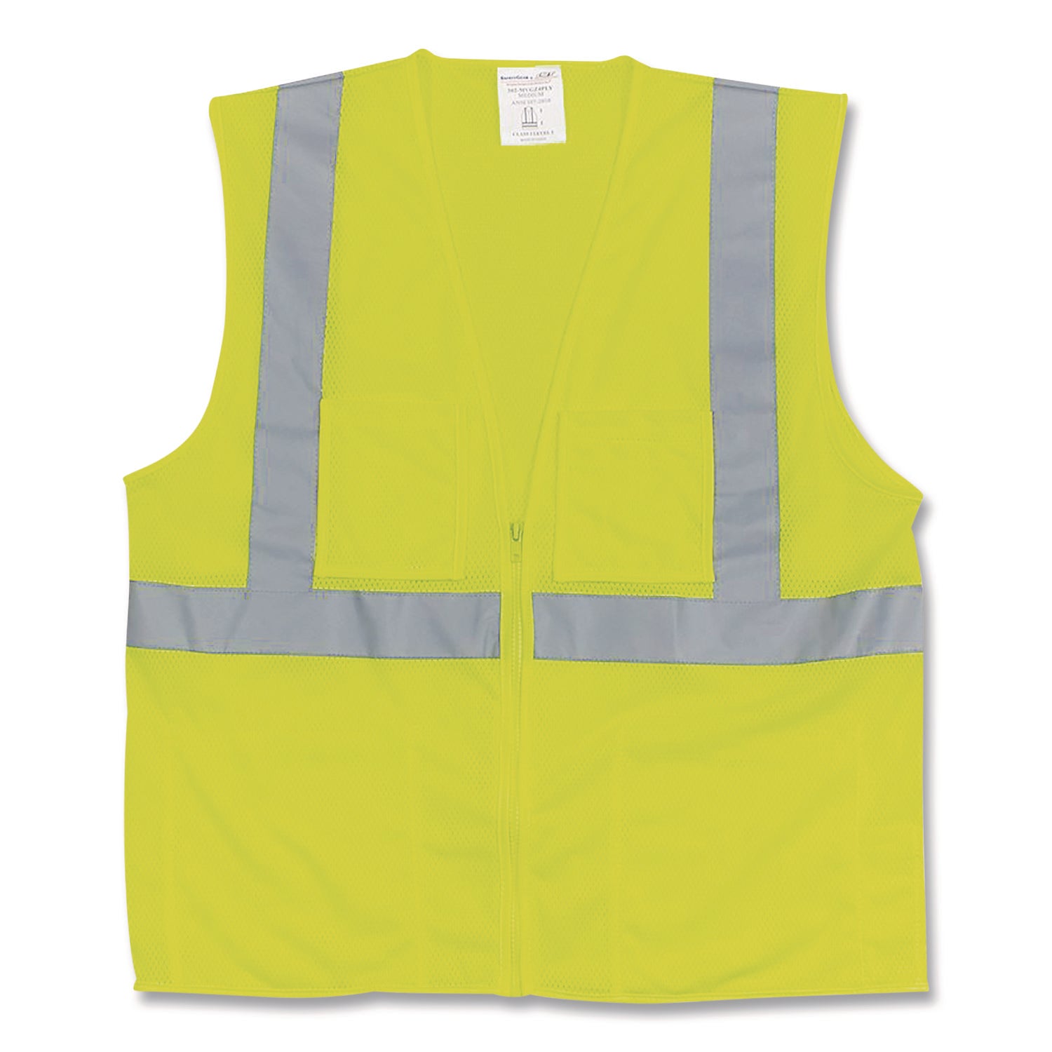 ANSI Class 2 Two-Pocket Zipper Mesh Safety Vest, Polyester Mesh, Large, Hi-Viz Lime Yellow