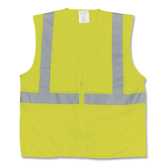 ANSI Class 2 Two-Pocket Zipper Mesh Safety Vest, Polyester Mesh, Large, Hi-Viz Lime Yellow