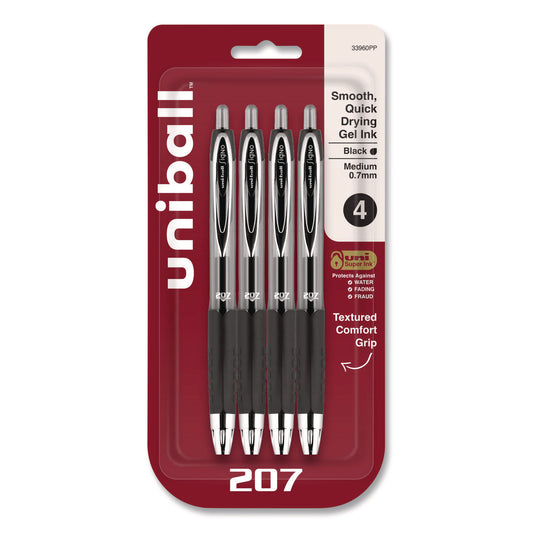 Signo 207 Gel Pen, Retractable, Medium 0.7 mm, Black Ink, Smoke/Black Barrel, 4/Pack