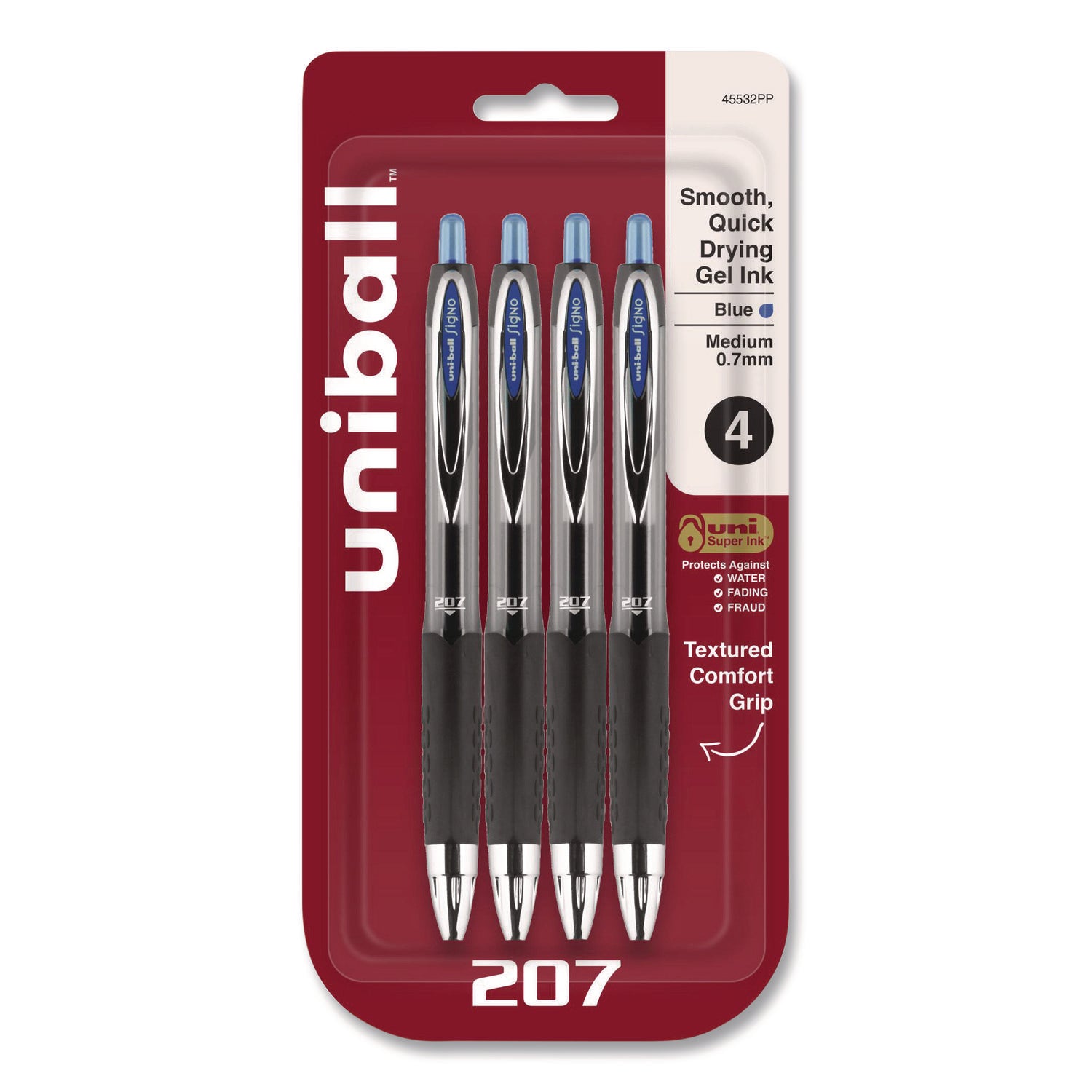 Signo 207 Gel Pen, Retractable, Medium 0.7 mm, Blue Ink, Smoke/Black/Blue Barrel, 4/Pack